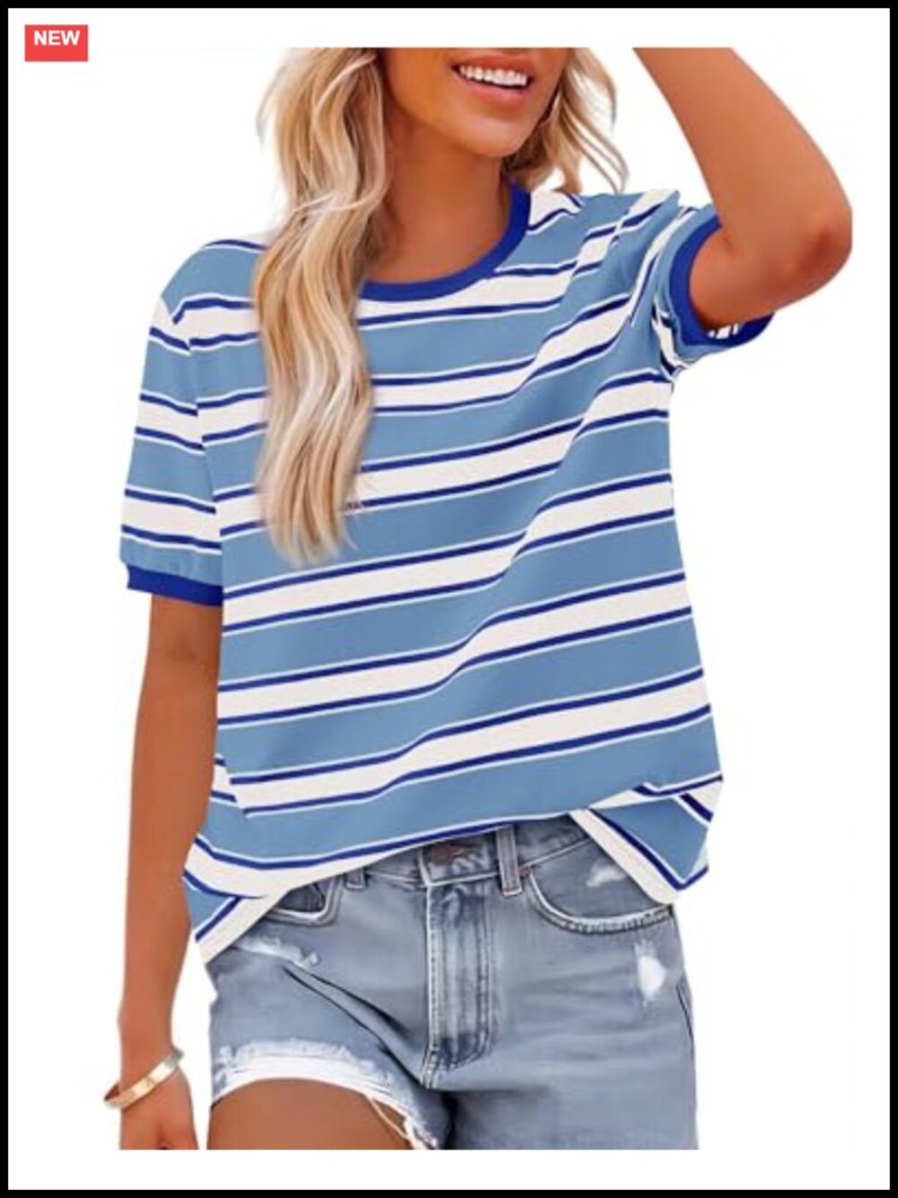 Women's Striped Short Sleeve Crew Neck Loose Fit Tee
